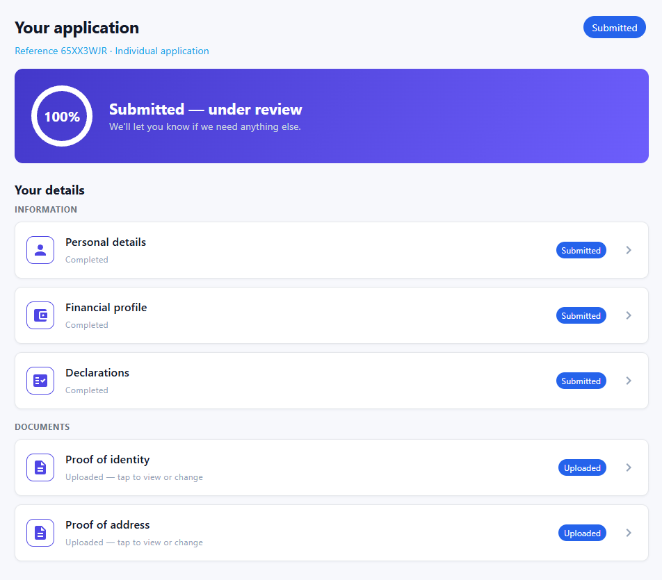 Intaky applicant portal showing submitted forms and uploaded document requests